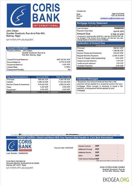 Modèle Word et PDF de relevé hypothécaire international de la Coris Bank du Niger